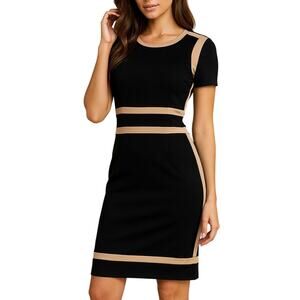 Miusol Black A-Line Shift Dress With Beige Trim Short Sleeve Midi Dress Large